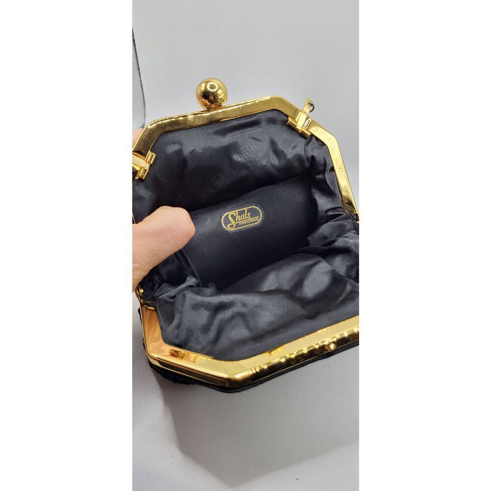 Shals Vintage Black Peau de Soie Clutch Pleated Evening Bag w Chain Strap - Picture 6 of 8